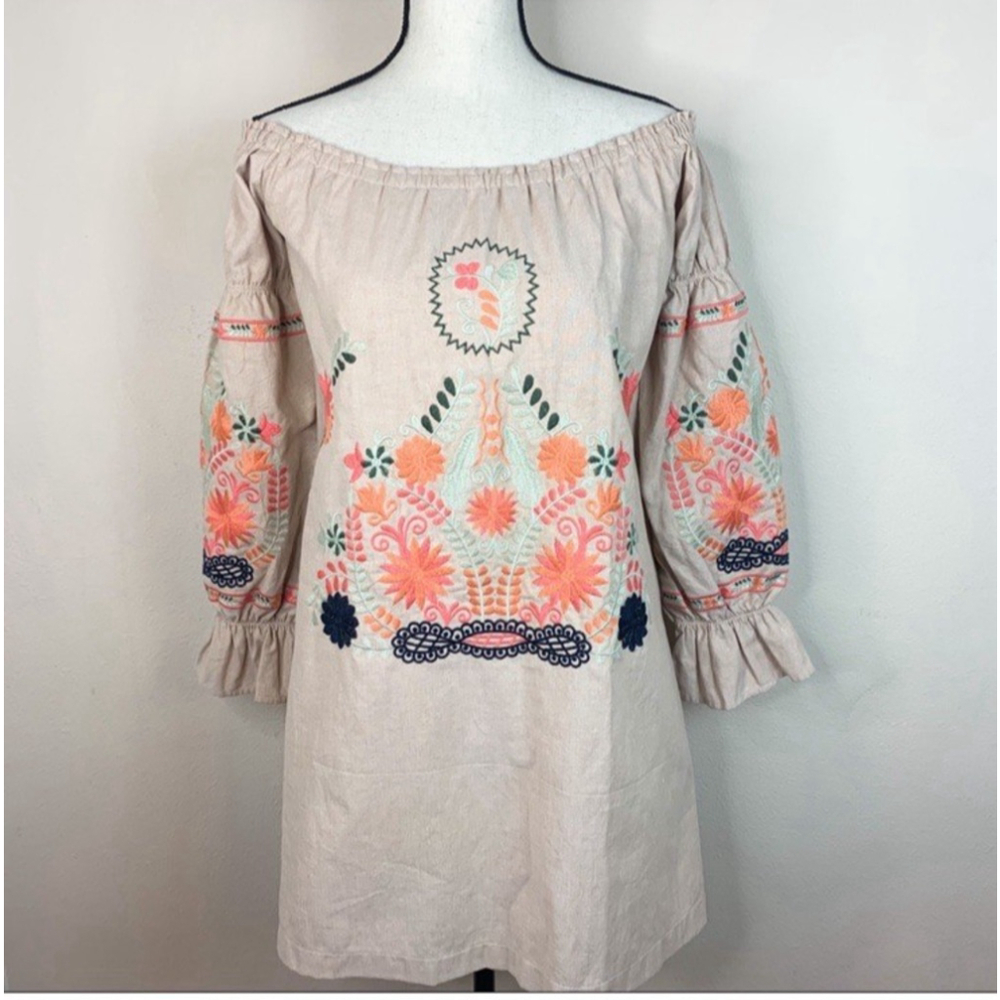 Ellison Peasant Tunic Dress Off Shoulder Embroidered Size Large Beach Travel